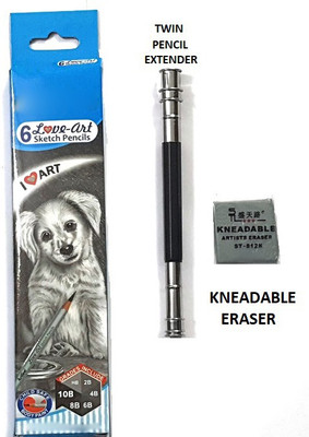 SKYGOLD 6PCS SKETCHING PENCIL SET WITH 1 PC OF TWIN PENCIL EXTENDER & KNEADABLE ERASER COMBO SKETCHING KIT FOR ARTISTS