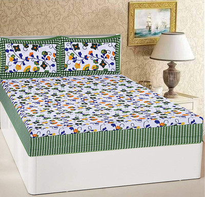 PETROSOLY 144 TC Cotton Queen Jaipuri Prints Flat Bedsheet(Pack of 1, Green)