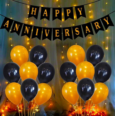 Alaina 1 Pc Happy Anniversary Banner + 16 Pcs Metallic Balloons (Black & Golden)(Set of 17)