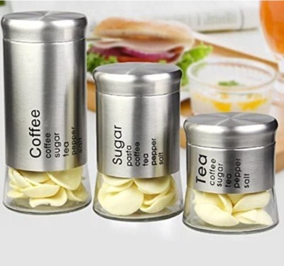 Seaca Silver, Glass Tea Coffee & Sugar Container  - 850 ml, 600 ml, 400 ml(Pack of 3, Silver, Clear)
