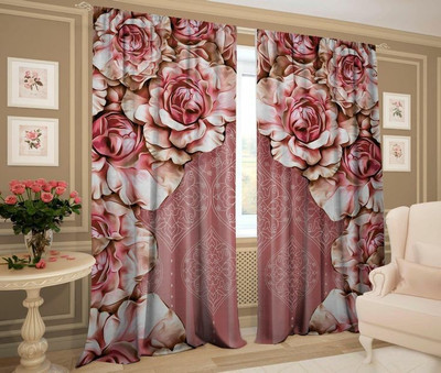 Goal 274 cm (9 ft) Long Door Polyester Room Darkening Curtain (Pack Of 2)(Pink, Floral)