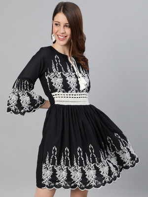 Ishin Women A-line Black Above Knee/Mid Thigh Length Dress
