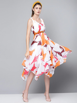SASSAFRAS Women Asymmetric Orange Midi/Calf Length Dress