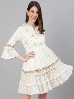 Ishin Women A-line White Above Knee/Mid Thigh Length Dress