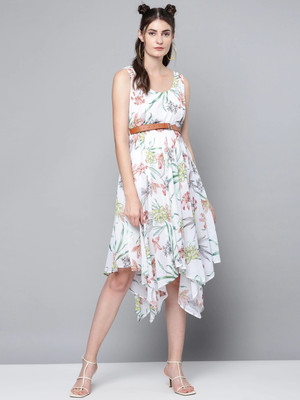 SASSAFRAS Women Asymmetric White Midi/Calf Length Dress