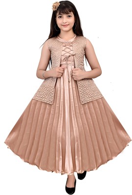 BHARTI PRODUCTION HOUSE Girls Maxi/Full Length Party Dress(Brown, Sleeveless)