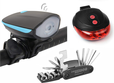 Protos India.Net Cycle Headlight FY 058, Laser Tail Light, Tool Kit 16 Function In 1 (Combo) LED Front Rear Light Combo(Black)