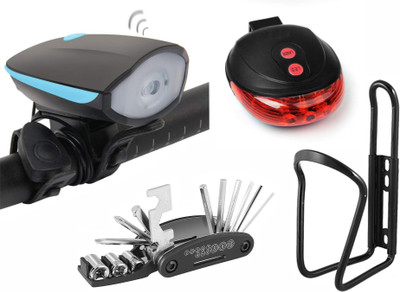 Protos India.Net Cycle Headlight, Laser Tail Light, Tool Kit 16 In 1, Bottle Holder(Combo) LED Front Rear Light Combo(Black)