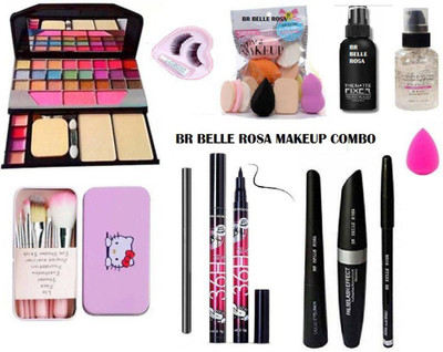 BR Belle Rosa 7pcs Makeup Brush set with storage box with TYA makeup kit,3D eyelash with glue,Primer, Fixer, high quality smudge proof Kajal, Waterproof 36H Sketch eyeliner black and 3 in 1 Combo set(Pack of 10)