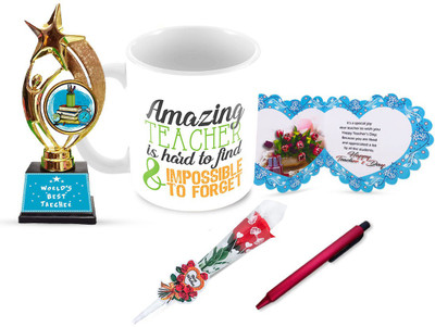 Tuelip Gift Set for Teacher for Teacher's Day Trophy with Greeting Card, Pen, Rose & Printed Tea & Coffee Ceramic Coffee Mug(350 ml, Pack of 5)