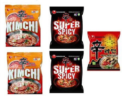 Nongshim Red Super Spicy noodles 2X120 & kimchi Koreans Instsnt Noodles 2X120gm & Shin Ramyun 120 (Imported) (Combo Pack) ( Pack of 5) Instant Noodles Vegetarian(5 x 120 g)