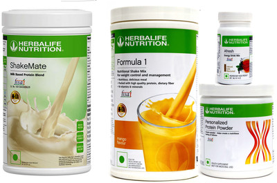 Herbalife Nutrition < FORMULA 1 MANGO+NEW SHAKMATE +PROTIEN POWDER WITH AFRESH TULSI SET OF 4 PCS Plant-Based Protein(1.25 kg, >AFRESH TULSI -50 GM, >F1-MANGO -500 GM, unflavour)