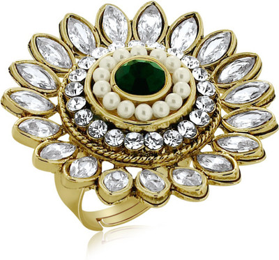 SPARGZ Floral Design Finger Ring Studded with Pearl & Ruby Alloy Yellow Gold Plated Ring