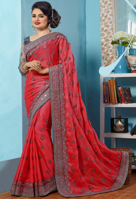 vaidehicreation Embellished Bollywood Net, Art Silk Saree(Red, Grey)