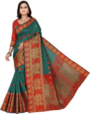 Cartyshop Self Design Banarasi Silk Blend, Cotton Blend Saree(Dark Green, Maroon)