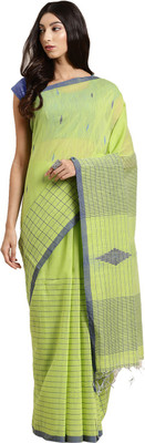 Kalakari India Self Design Ikkat Silk Blend Saree(Green)
