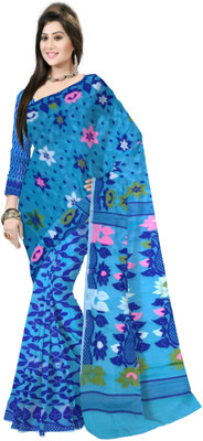 Pradip Fabrics Floral Print Tant Cotton Blend Saree(Light Blue)