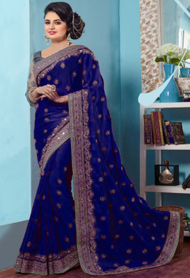 vaidehicreation Embellished Bollywood Net, Art Silk Saree(Blue, Grey)