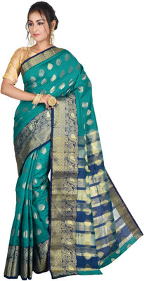Avik Creations Self Design, Ombre, Embroidered, Embellished, Woven, Dyed Banarasi Silk Blend, Art Silk Saree(Dark Blue, Green)