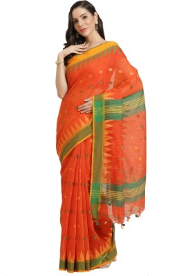 Kalakari India Printed Jamdani Silk Blend Saree(Orange)