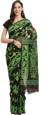 Kalakari India Printed Jamdani Silk Blend Saree(Black)