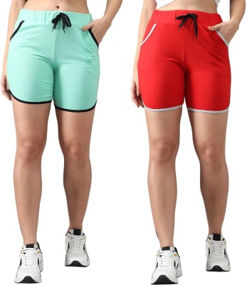 Glamcci Solid Women Red, Light Green Regular Shorts