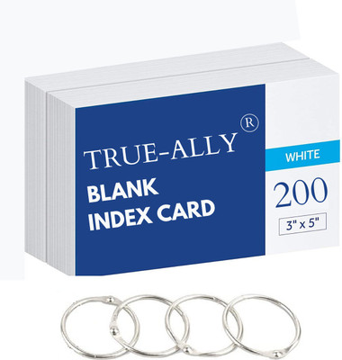 True-Ally unruled Index Flash Cards - 3x5 inch, White, 100 Cards, 200 GSM - with Free Binder Rings for Short Notes, cue Cards, Cheat Sheets, exam, Interview Preparation Sketch Pad(200 Sheets, Pack of 200)