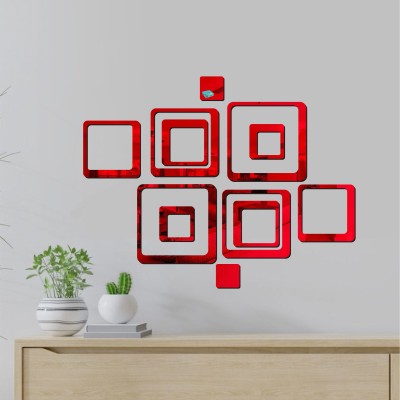 LOOK DECOR 60 cm 12 Square Red acrylic mirror wall sticker-LD9 Self Adhesive Sticker(Pack of 12)