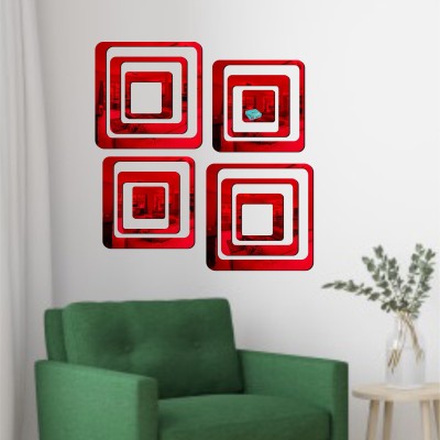 LOOK DECOR 60 cm 12 Square Red acrylic mirror wall sticker-LD2 Self Adhesive Sticker(Pack of 12)