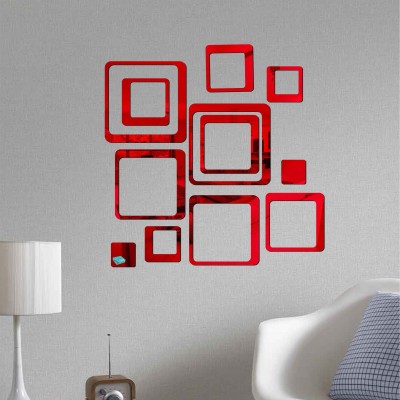 LOOK DECOR 60 cm 12 Square Red acrylic mirror wall sticker-B2BLD14 Self Adhesive Sticker(Pack of 12)