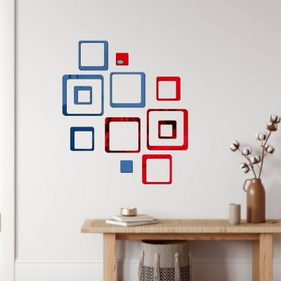LOOK DECOR 60 cm 12 Square Blue Red acrylic mirror wall sticker-B2BLD21 Self Adhesive Sticker(Pack of 12)