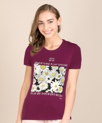 Lyra Printed Women Round Neck Maroon T-Shirt