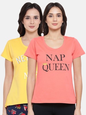 Clovia Graphic Print Women Round Neck Pink, Yellow T-Shirt