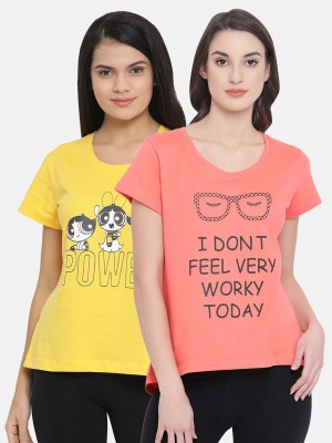 Clovia Typography Women Round Neck Pink, Yellow T-Shirt