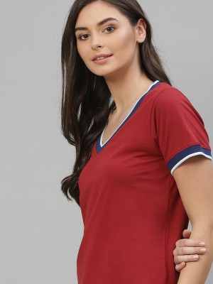 HARVARD Solid Women V Neck Red T-Shirt