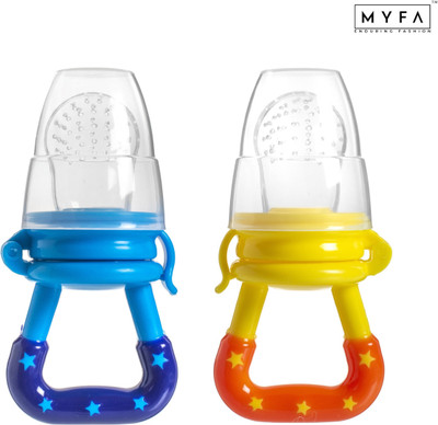 MYFA Silicon Food and Fruit Nibbler/ Feeder/ Pacifier for Infants (Pack of 2) Teether and Feeder(Blue & Yellow)