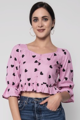 God Bless Casual 3/4 Sleeve Printed Women Pink Top