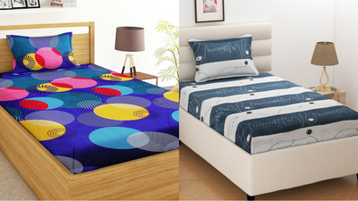 HSR Collection 144 TC Cotton Single 3D Printed Flat Bedsheet(Pack of 2, Multicolor)