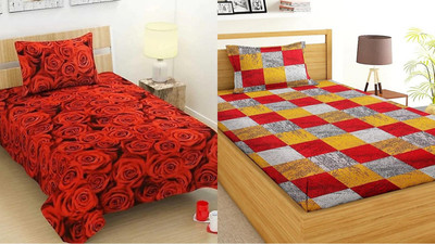 HSR Collection 144 TC Cotton Single 3D Printed Flat Bedsheet(Pack of 2, Multicolor)