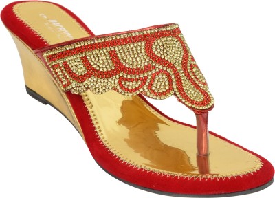 Racecourse Women Wedges(Red, Gold , 5)