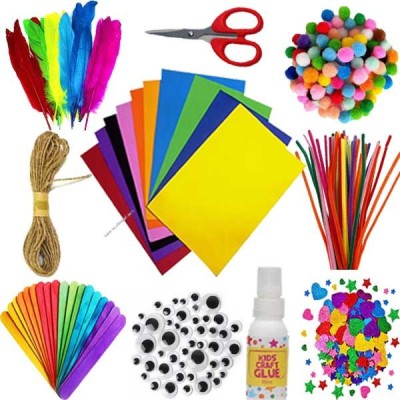 anjanaware DIY Crafts Kit Set for Girls and Boys with Art and Craft Materials Supplies for Kids ( Pom Pom , Pipecleaner , Googly Eyes , Glue , Scissor , Jute Rope , Wooden Ice Cream Sticks , Colored Popsicle Stick, etc.) for all ages 8-10 , age 9-12 , age 12-16 old