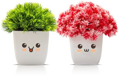 Amputive Artificial Plant Cute Bushy Shrub Topiary Shrub with Lovely Face Pots for Home/Office/ Living Room Decoration-Set of 2-AS20 Artificial Plant  with Pot(30 cm, Green, Pink)