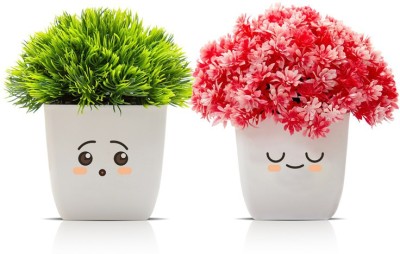 Amputive Artificial Plant Cute Bushy Shrub Topiary Shrub with Adorable Face Pots for Home/Office Decoration-Set of 2-AT4 Artificial Plant  with Pot(30 cm, Green, Pink)