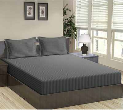 gbl impex 144 TC Microfiber Double Striped Fitted (Elastic) Bedsheet(Pack of 1, Grey)