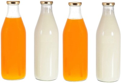 JAJOD Milk, Water and Juice Glass Bottle with Lid, 1 Litre 1000 ml Bottle(Pack of 4, Clear, Glass)