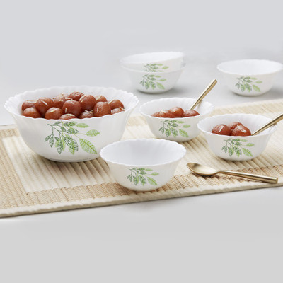 Larah by Borosil Opalware Dessert Bowl Fauna(Pack of 7, White)