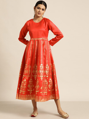 Shae by SASSAFRAS Women Fit and Flare Red, Gold Midi/Calf Length Dress