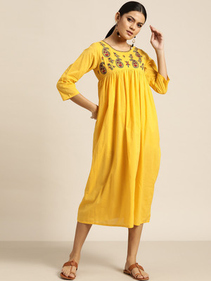 Shae by SASSAFRAS Women Fit and Flare Yellow Midi/Calf Length Dress