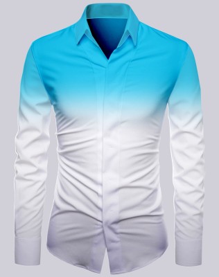 OPINA Men Color Block Party White, Light Blue Shirt