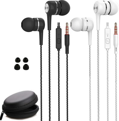 Meyaar 2 Pack SPN Metal Earphones With Mic & Carry Case Hedphones Wired Headset(Double Braided wire, Perfume Earphones, Deep High Bass, SPN Headset, Black and White with Free Carry Case, In the Ear)